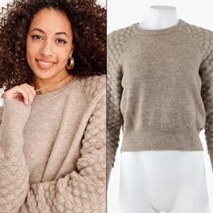 DKNY Women's Long Sleeve Crewneck Pom Pom Sleeve Sweater in Brown